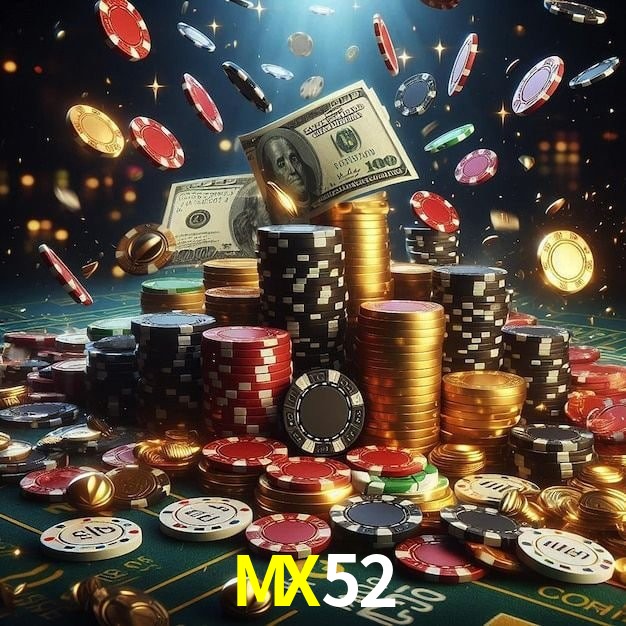 Escena dinámica inspirada en casino con iluminación MX52, cartas, fichas e íconos de juegos digitales en un espacio moderno de juegos.