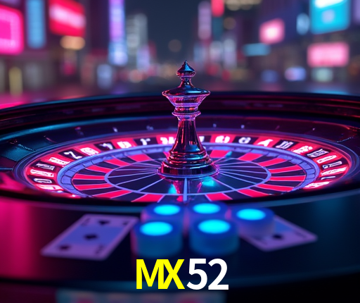 Una escena digital vívida inspirada en casino con MX52 mostrado prominentemente, luces brillantes, fichas, cartas y acentos dorados.