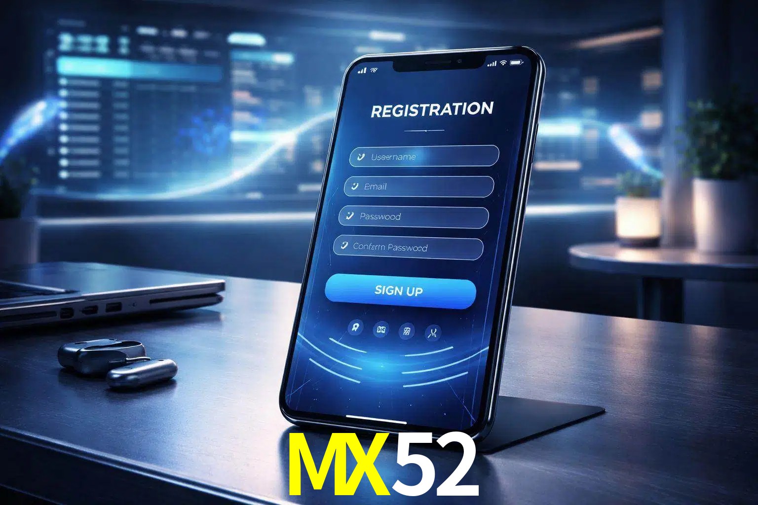 Una interfaz moderna de registro móvil para MX52 mostrada en un smartphone con un panel de apuestas elegante.
